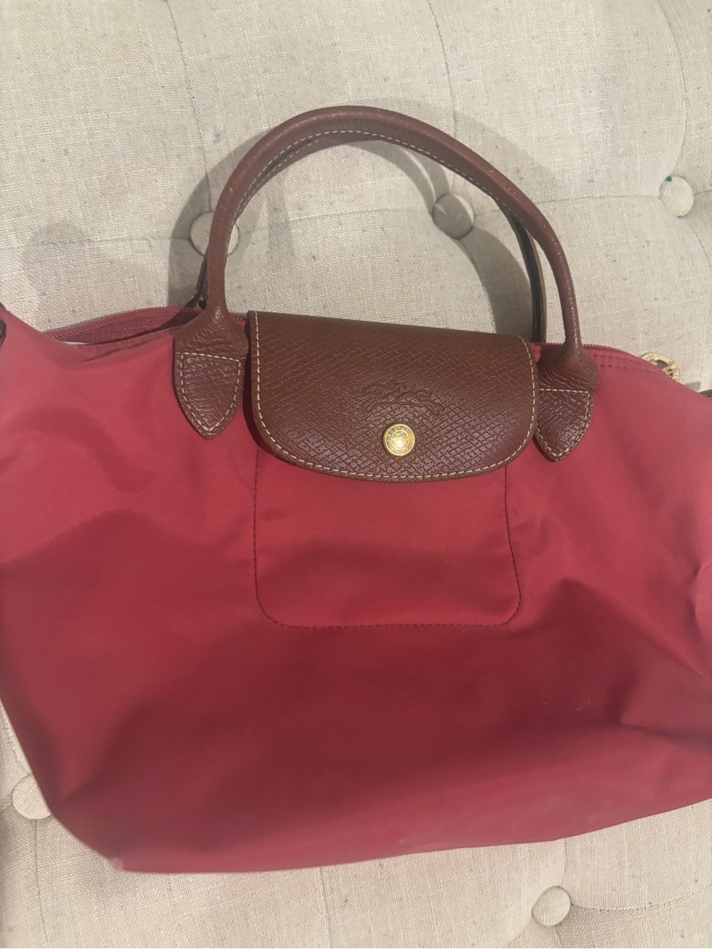 Longchamp small Red Nylon Tote with Brown Leather Trim